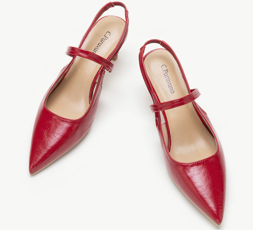 Red Sleek Pointed Toe Slingback Pumps: A pair of elegant red pointed-toe slingback pumps for a bold and stylish look.
