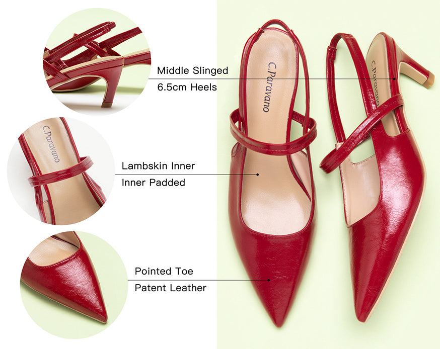 Red Slingback Pumps with a Modern Flair: These red pumps add a contemporary touch with their sleek design and pointed toe