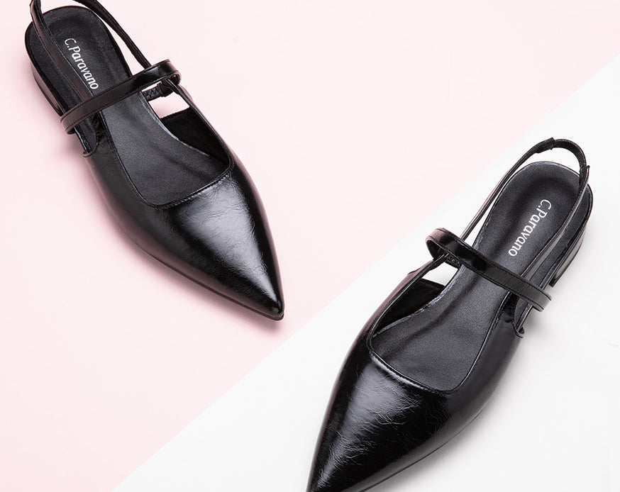 Chic Black Slingback Flats: Elevate your fashion game with these sleek black pointed-toe slingback flats, perfect for any occasion.