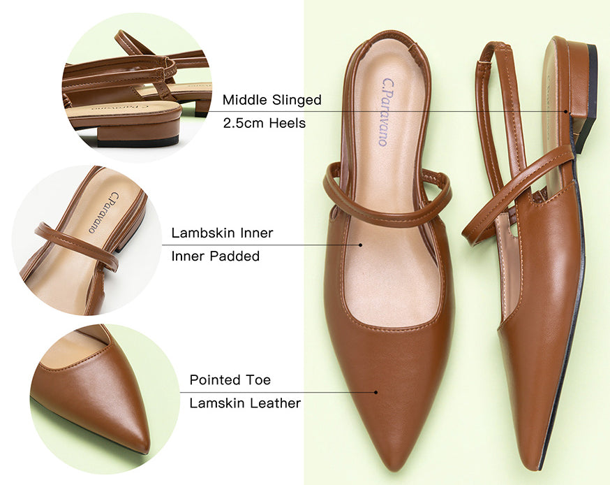 Brown Slingback Flats with Modern Elegance: These brown flats offer a contemporary touch with their sleek design and pointed toe.