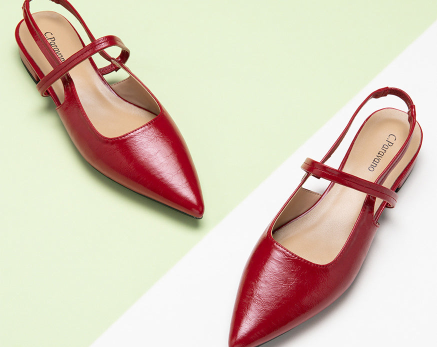 Sleek Red Slingback Flats: Step out in style with these refined red flats featuring a pointed toe and slingback design