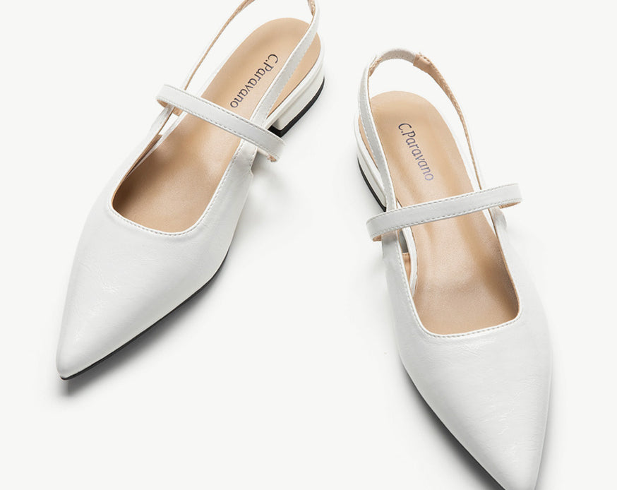 White Sleek Pointed Toe Slingback Flats: A pair of elegant white pointed-toe slingback flats for a timeless and stylish look