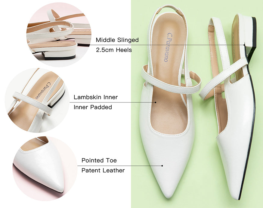 White Slingback Flats with Modern Elegance: These white flats offer a contemporary touch with their sleek design and pointed toe