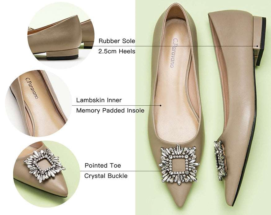 Sophisticated camel leather flats with tasteful adornments.