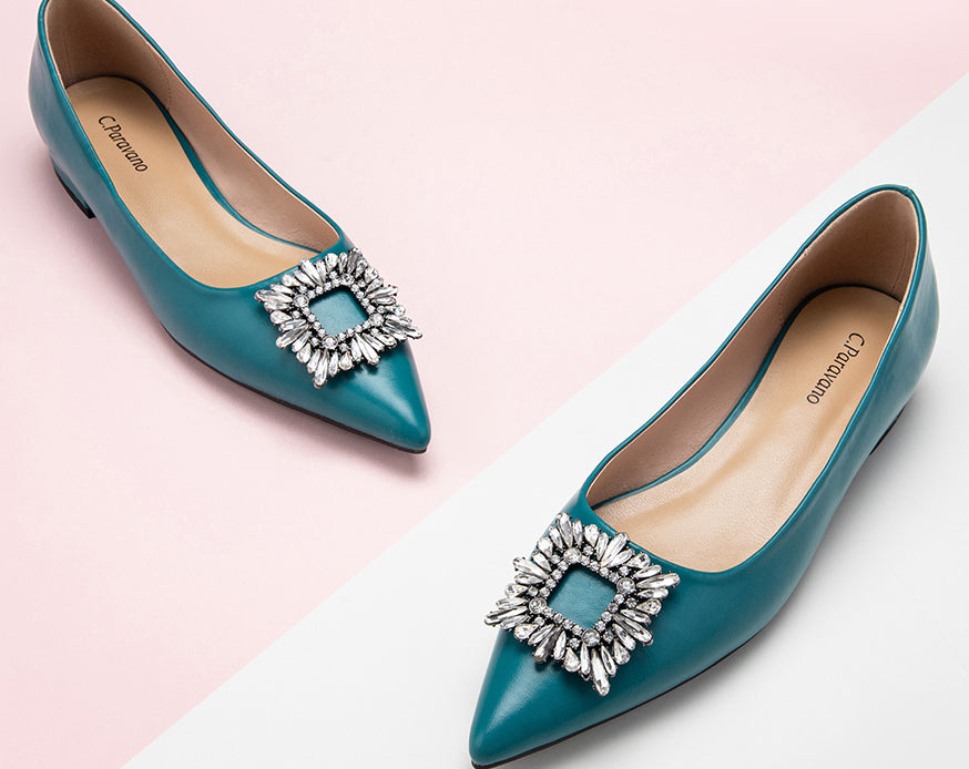 Chic and stylish peacock blue embellished leather flats for a unique style