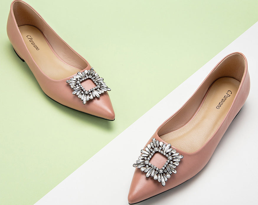 Chic and stylish pink embellished leather flats to enhance your look.