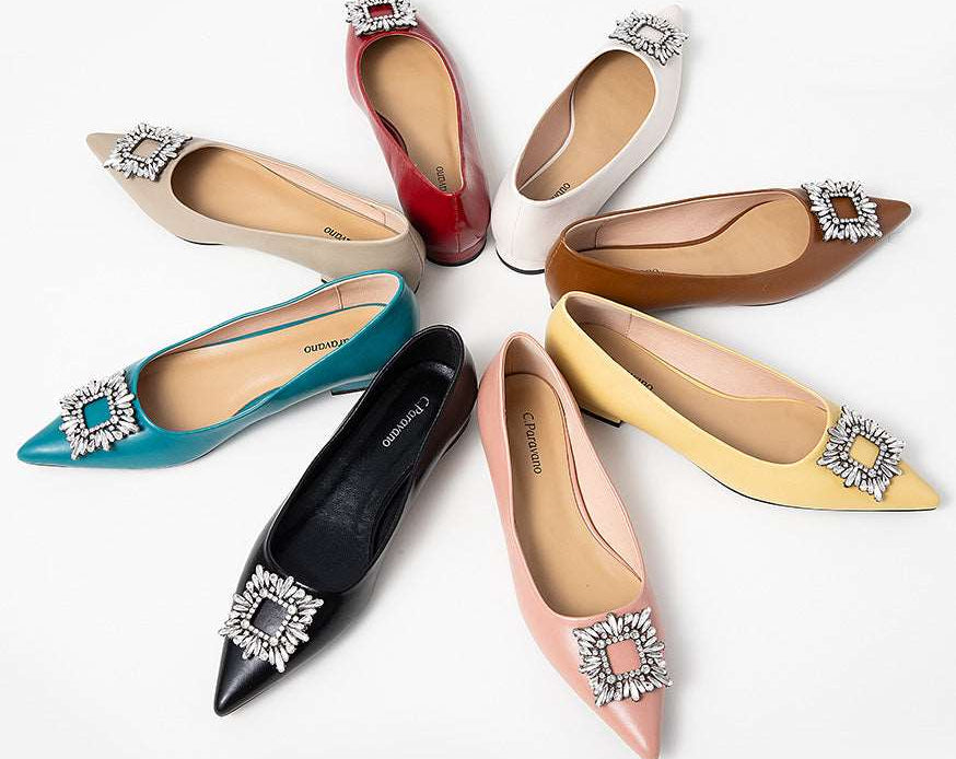 Elevate your style with pink embellished leather flats