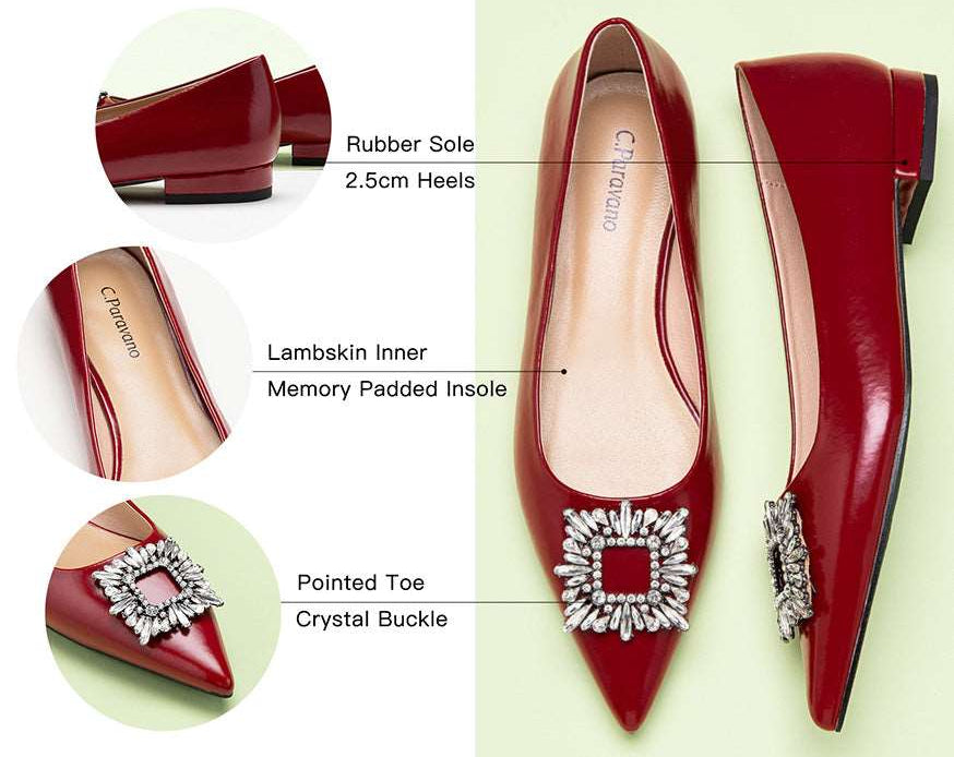 Sophisticated red leather flats with tasteful adornments.