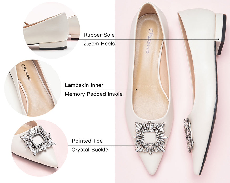 Sophisticated white leather flats with tasteful adornments