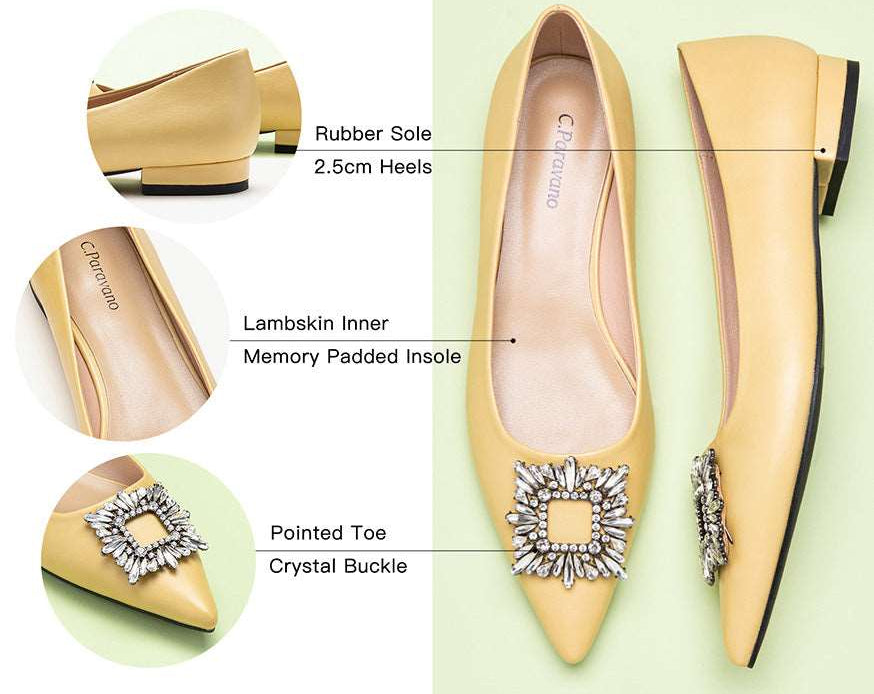 Sophisticated yellow leather flats with tasteful adornments