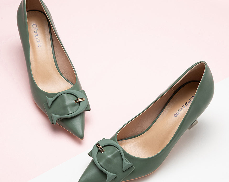 Green-Colored-Buckled-High-Heel-Shoes-Signature-C-Collection