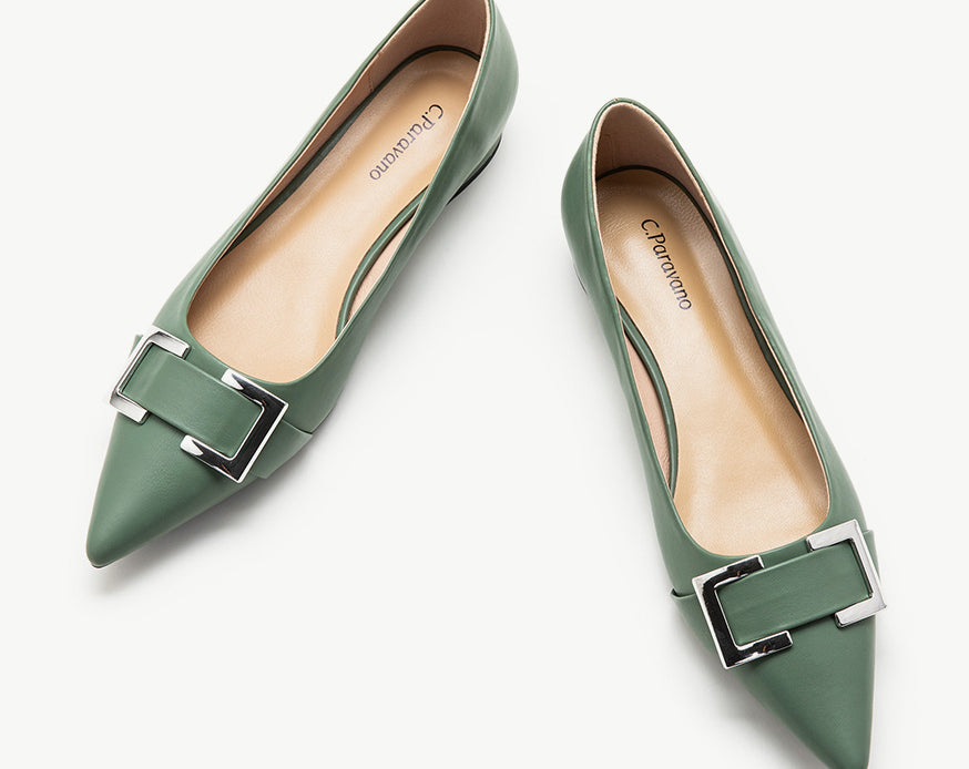 Green-Metal-buckle-pointed-toe-flats