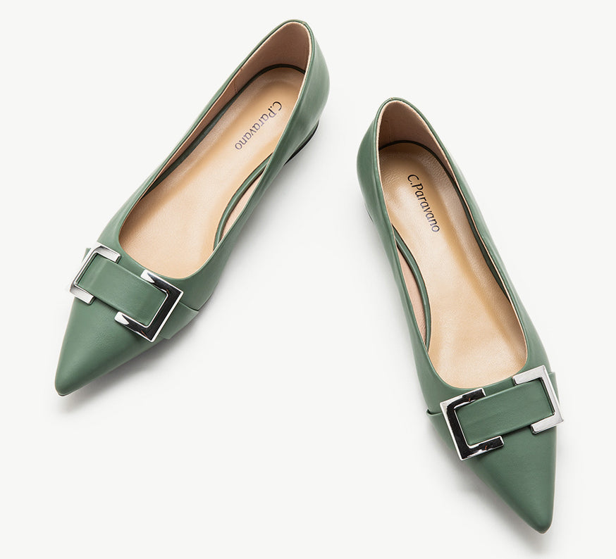 Green-Metal-buckle-pointed-toe-flats