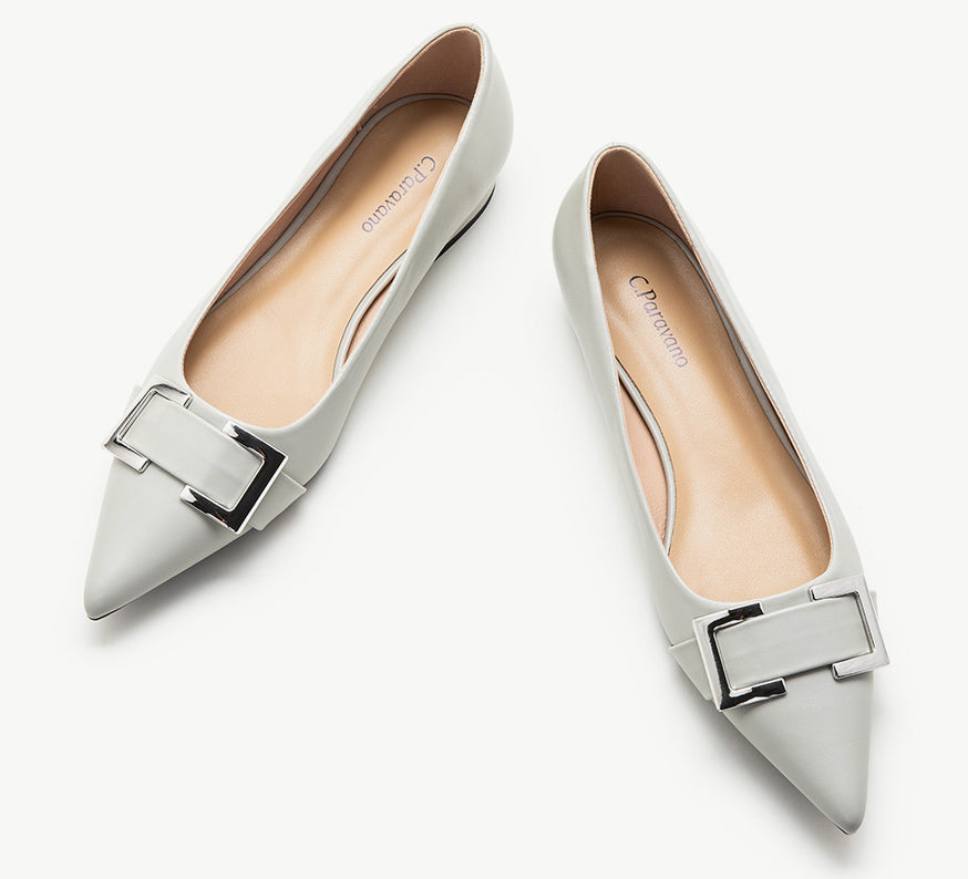 Grey-Metal-buckle-pointed-toe-flats-a-stylish-and-sophisticated-choice