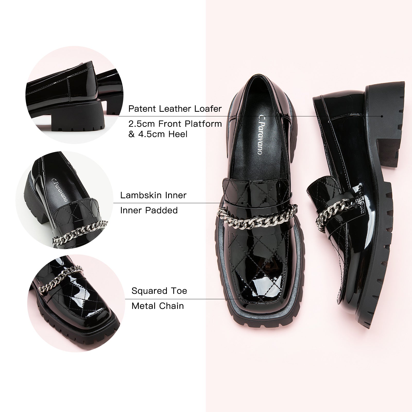 Platform Loafers in Black with distinctive metal chains, a chic and minimalist addition to your footwear collection