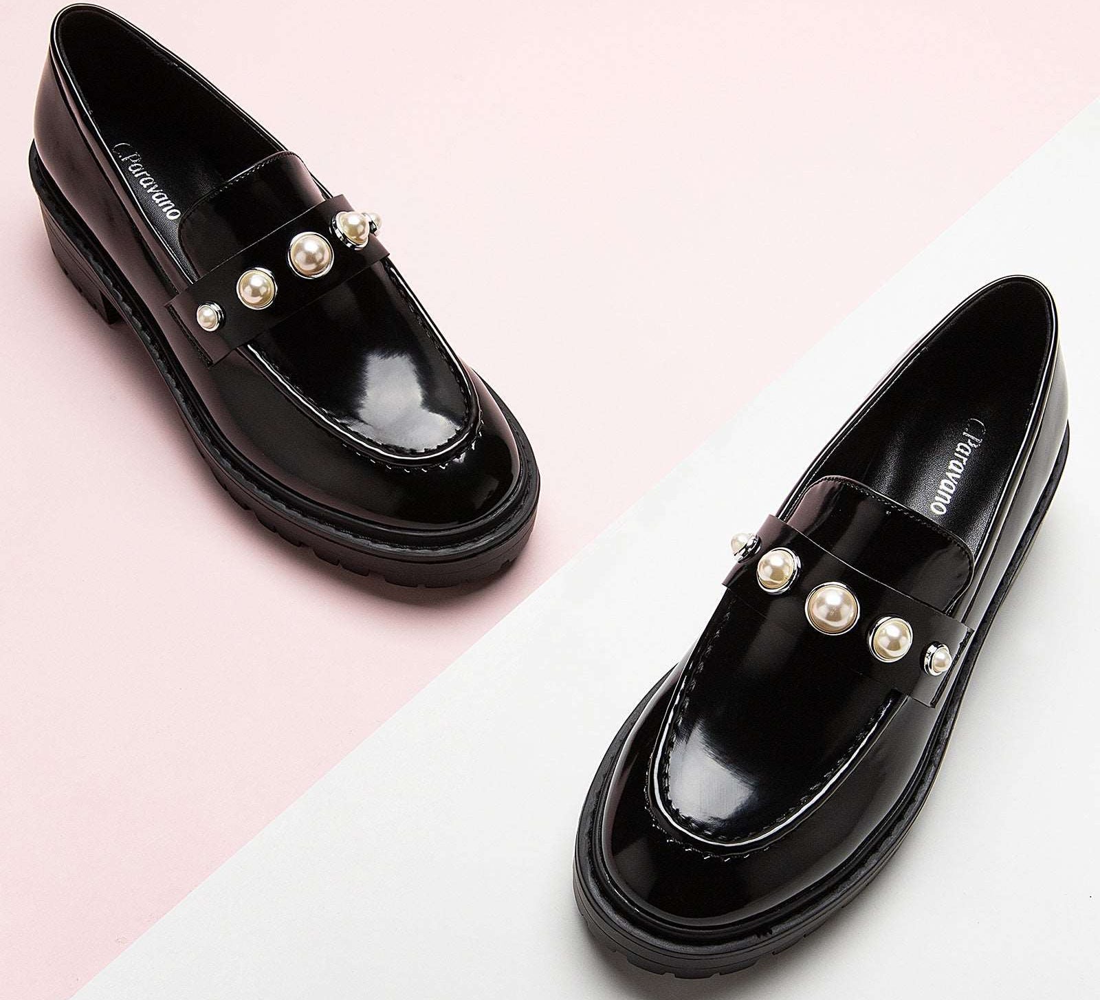 Black Platform Loafers with delicate pearl embellishments, adding a touch of luxury and style to your ensemble