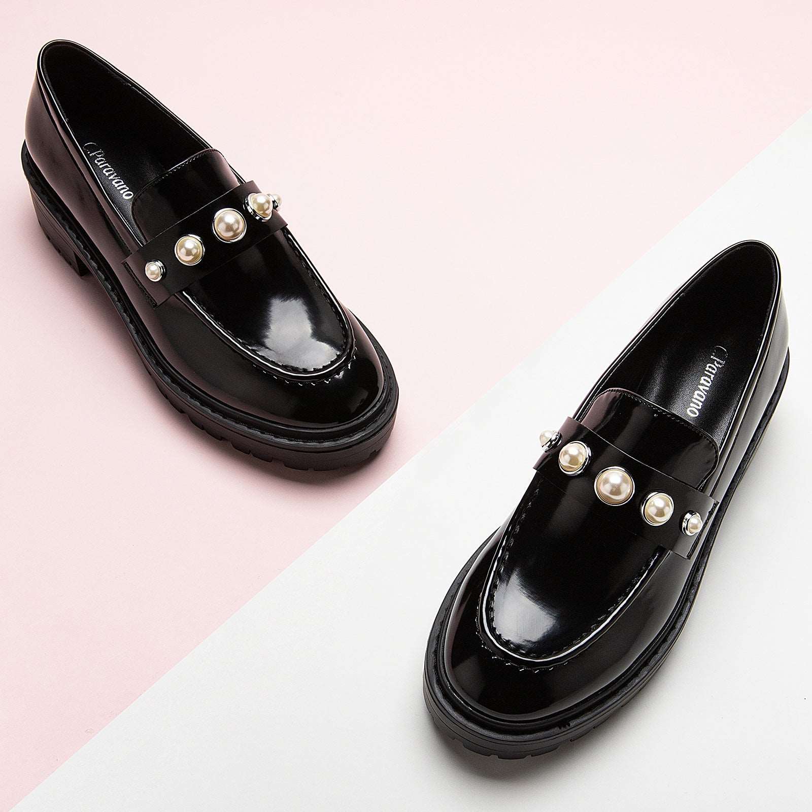 Black Platform Loafers with delicate pearl embellishments, adding a touch of luxury and style to your ensemble