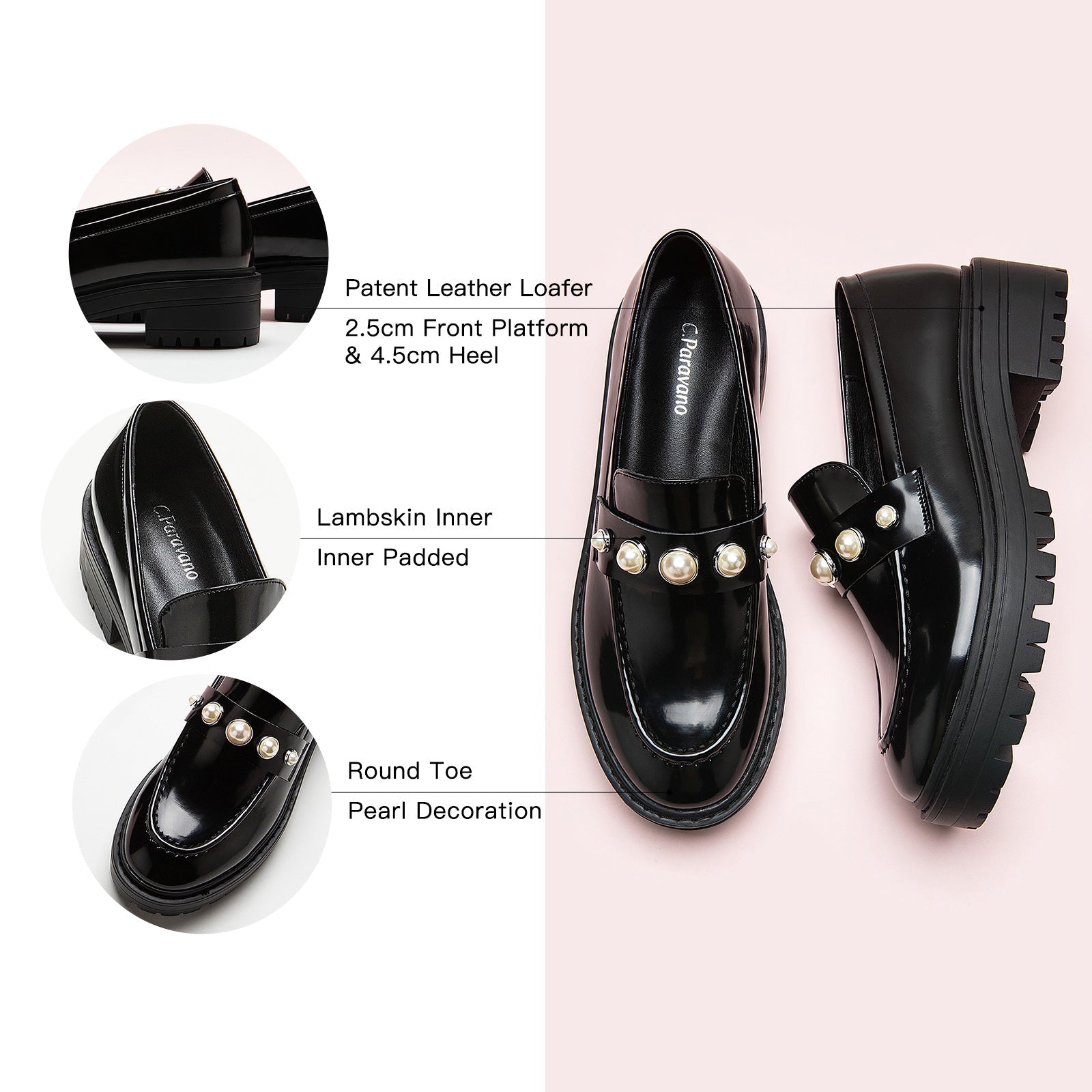 Platform Loafers in Black with distinctive pearl details, a chic and minimalist addition to your footwear collection