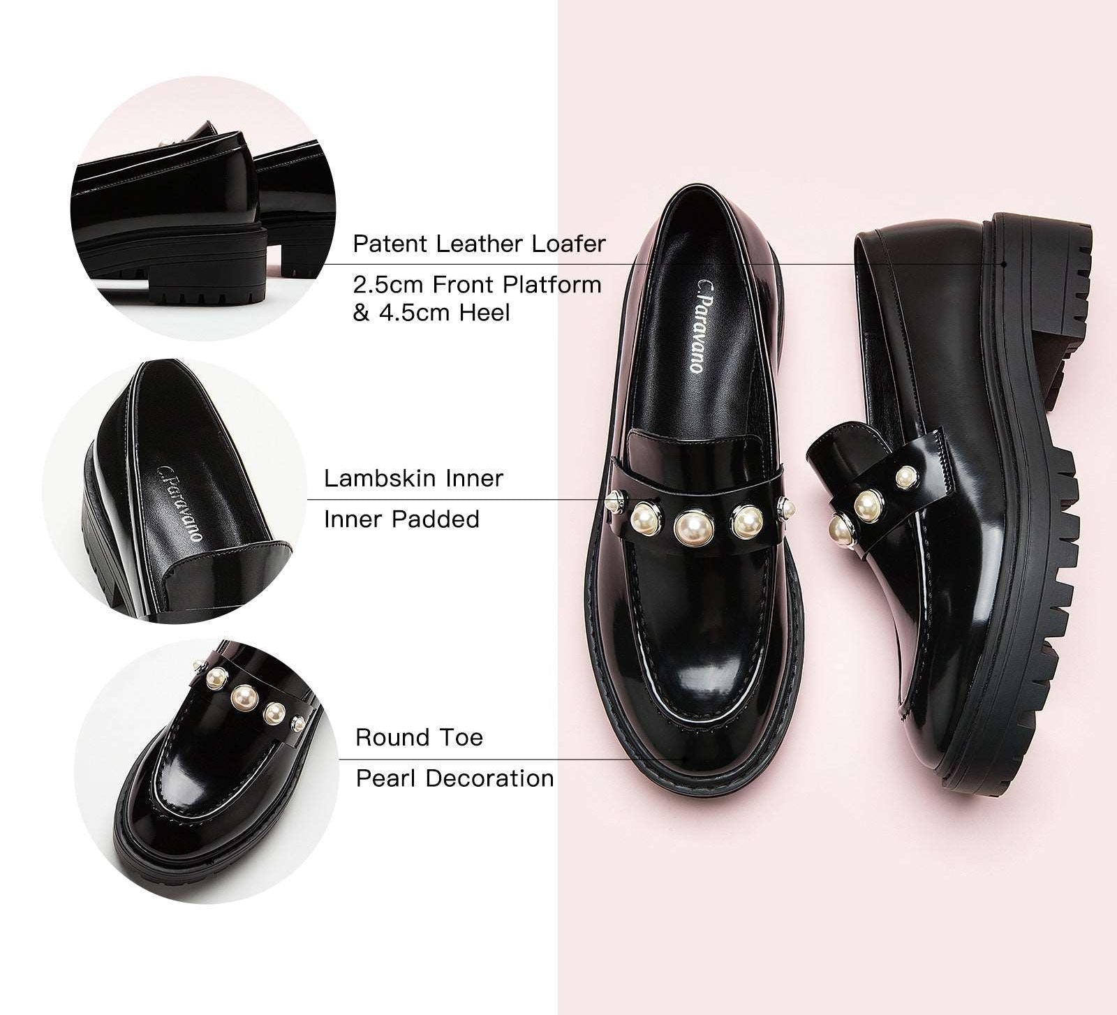  Platform Loafers in Black with distinctive pearl details, a chic and minimalist addition to your footwear collection