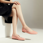 Blush Pink Elegance: Pink Mary Jane Flats with a single stripe and pearl detail, featuring delicate details for a polished and sophisticated style