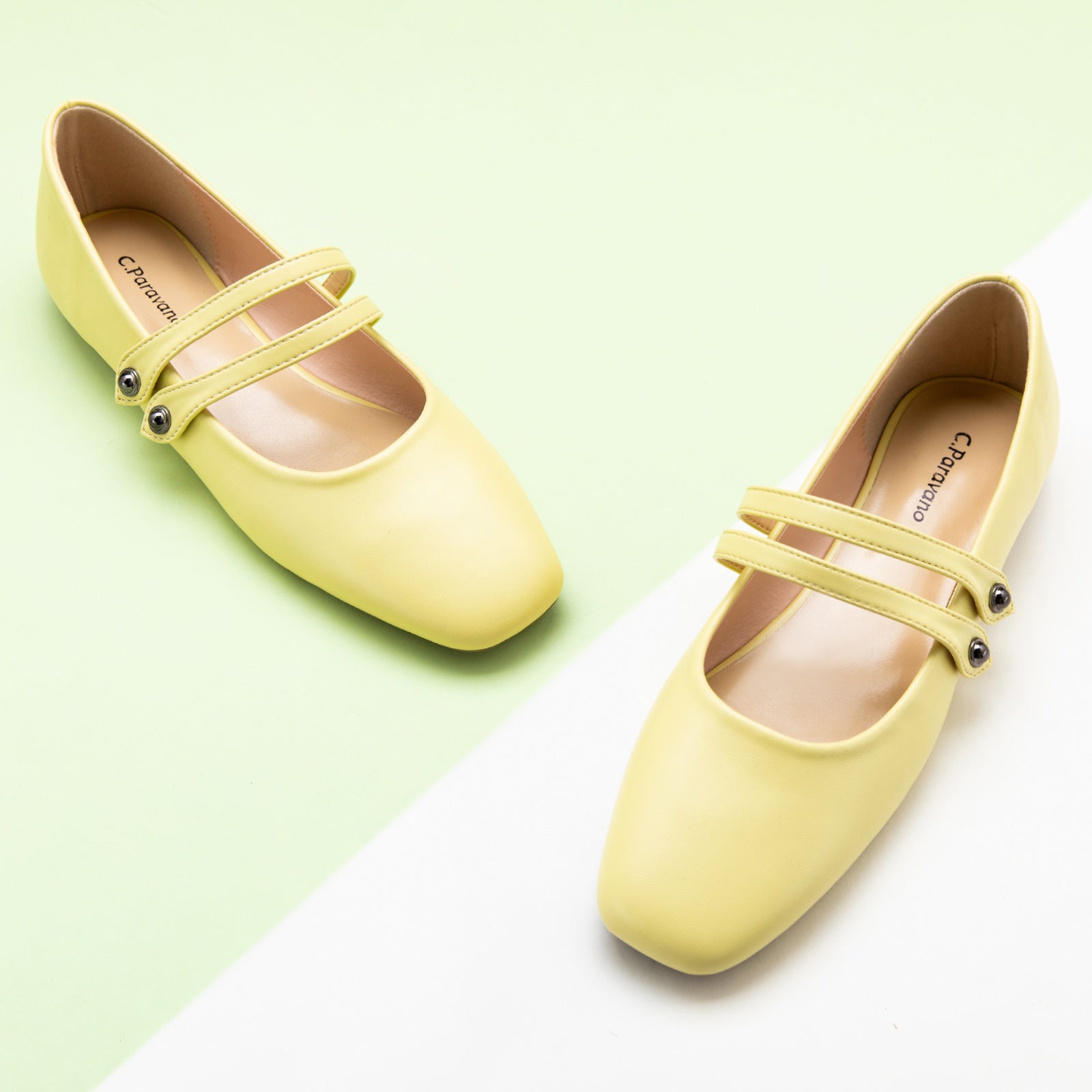 Sunny Delight: Yellow Double Stripes Mary Jane shoes, a cheerful and vibrant choice for a playful and stylish look
