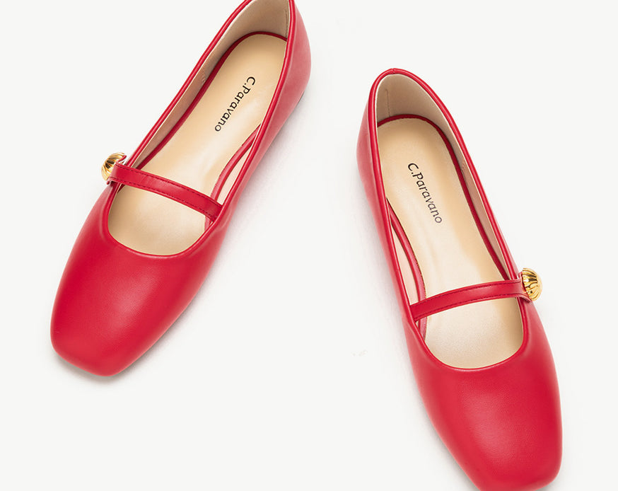 Red Mary Jane Shoes with Single Stripe Accent