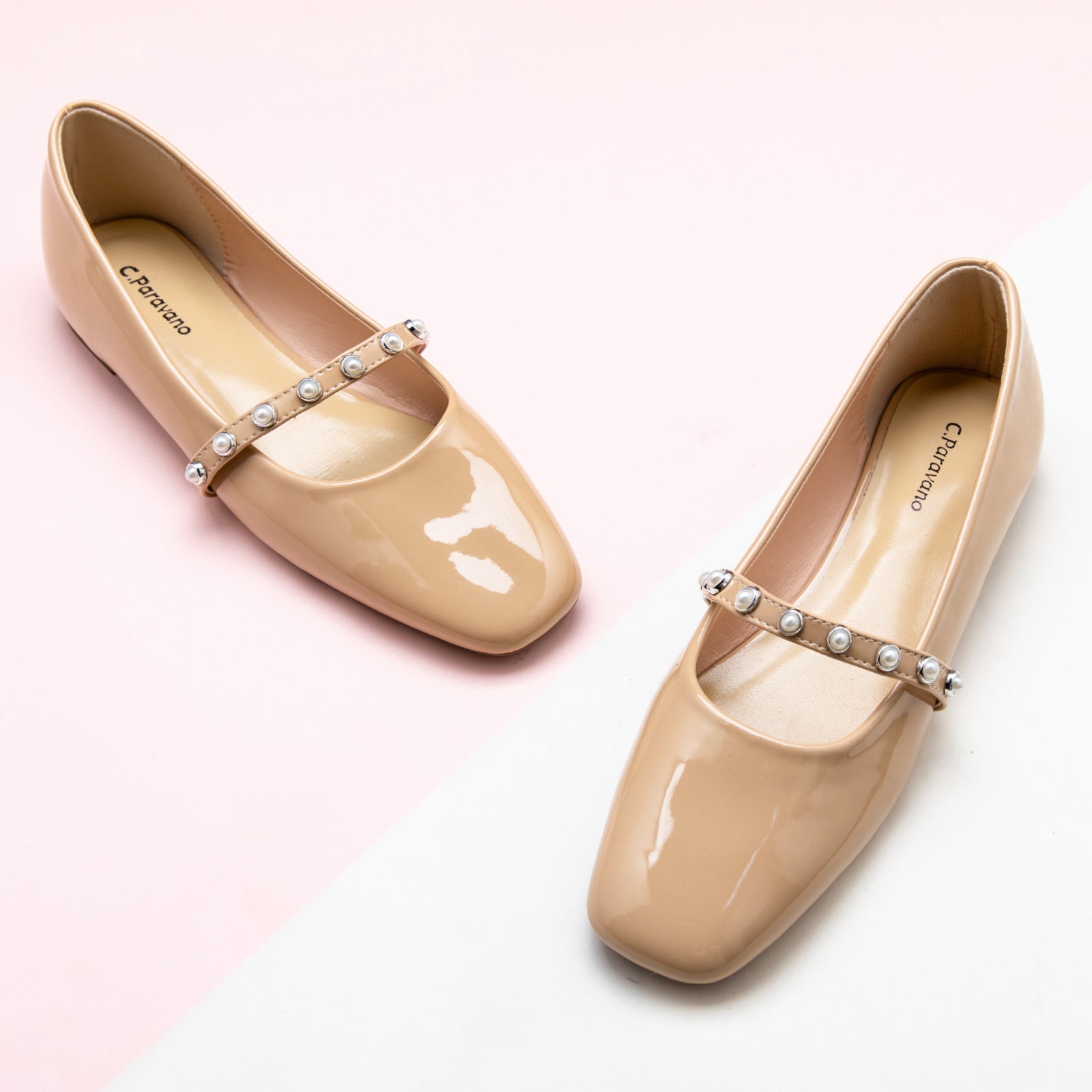 Beige Mary Jane Flats with a single stripe and pearl, featuring a timeless design for a refined and understated look