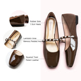 Chic Brown Comfort: Brown Mary Jane Flats with a single stripe and pearl, offering a versatile and stylish option for everyday wear.