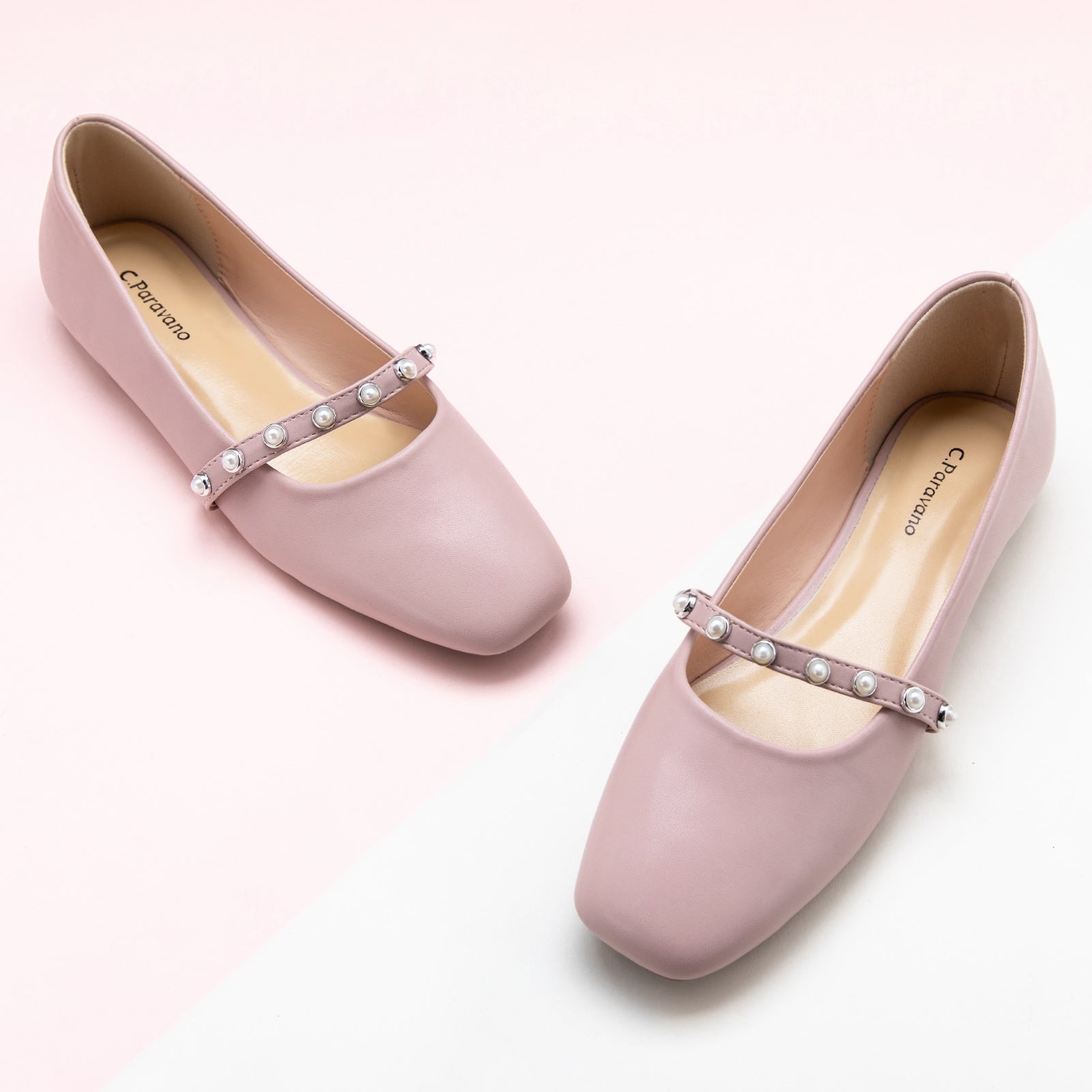 Pink Mary Jane Flats with a single stripe and pearl detail, featuring delicate details for a polished and sophisticated style