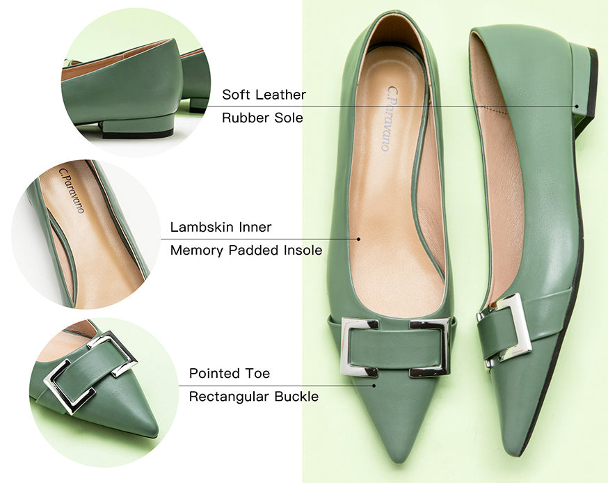 Metal-buckle-pointed-toe-flats-in-Green