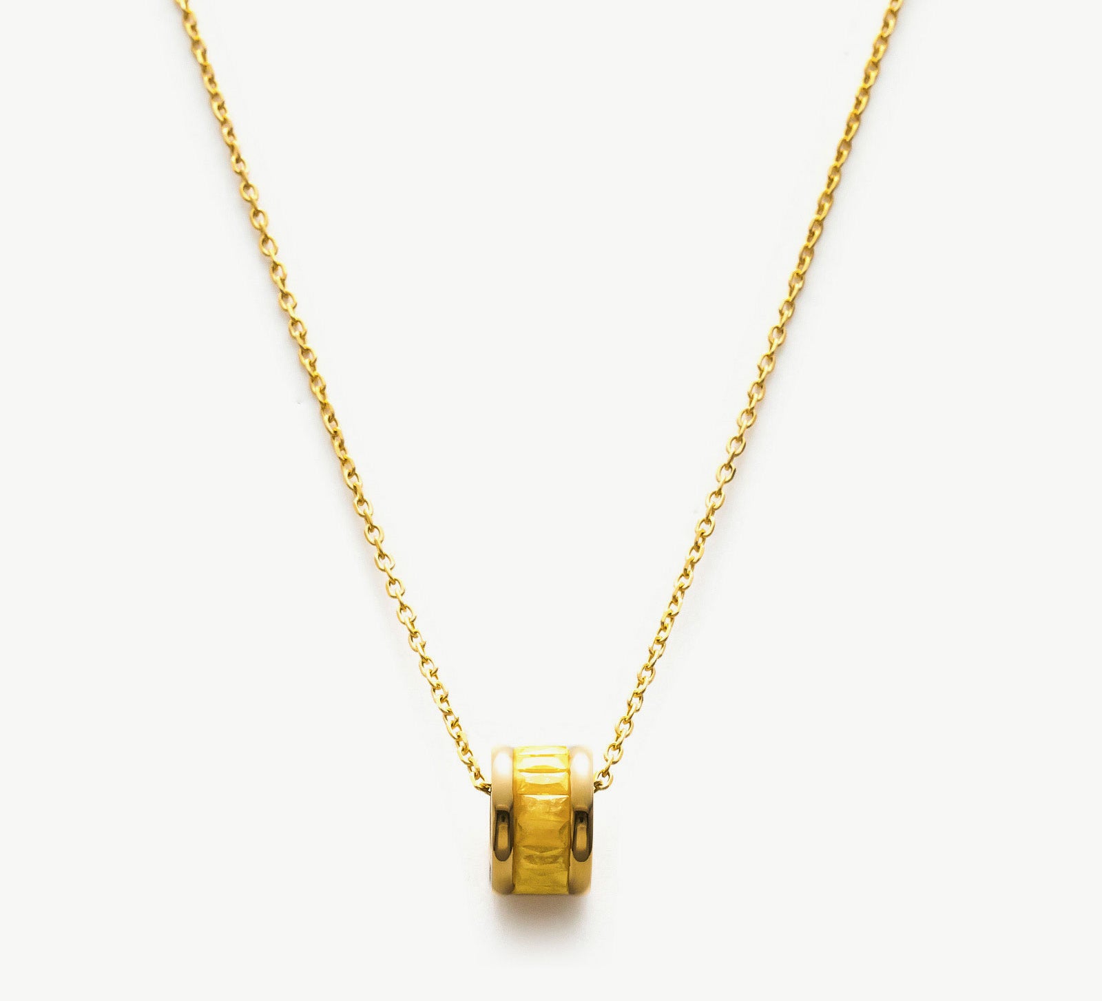 Yellow Ring Pendant Chain Necklace, a symbol of sunshine radiance, featuring a vibrant yellow ring pendant suspended from a delicate chain, creating a cheerful and eye-catching accessory for any occasion