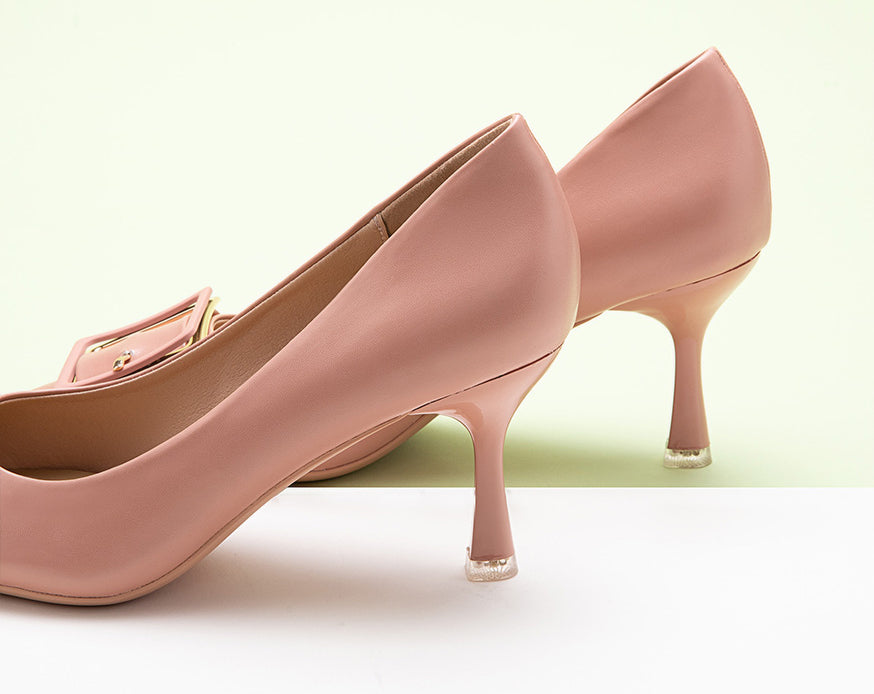 "Pink Buckled Pumps - A Pop of Color with a Square Touch
