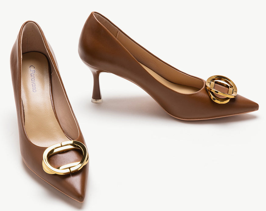 Brown Oval Chic Buckled Pumps - Classic Elegance