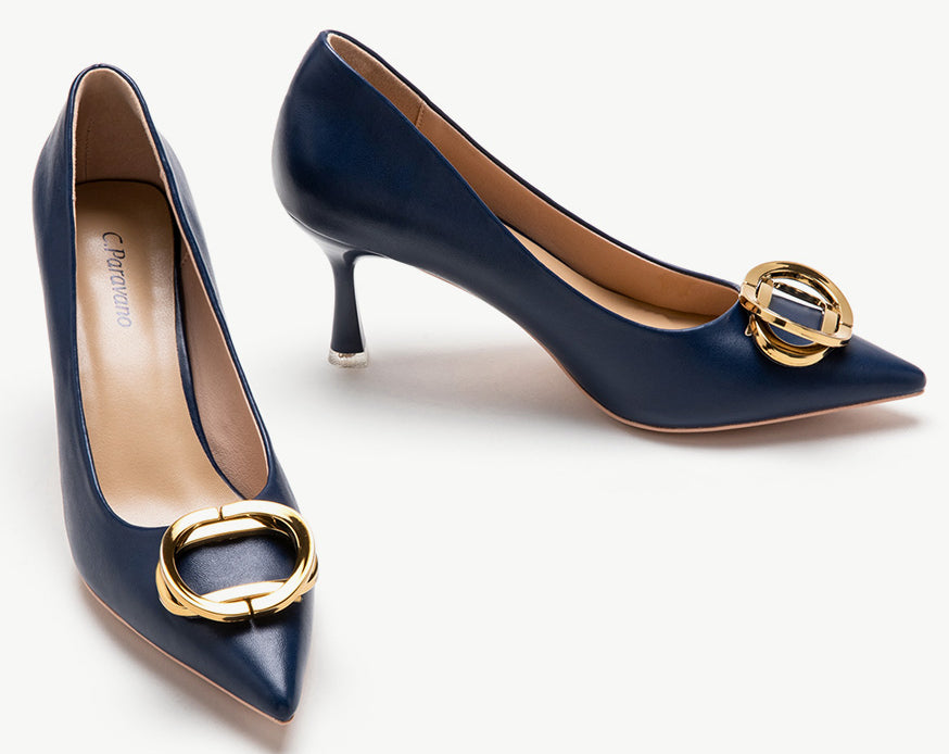 Navy Oval Chic Buckled Pumps - Elegance in Blue