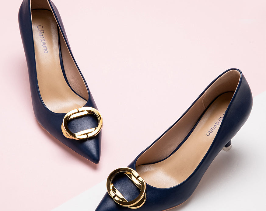 Fashionable Navy Buckled Pumps - Oval Design