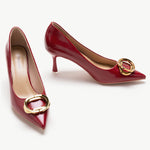 Red oval chic buckled pumps, perfect for a stylish statement