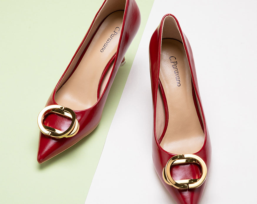 Elegant red oval chic buckled pumps, a must-have for any wardrobe