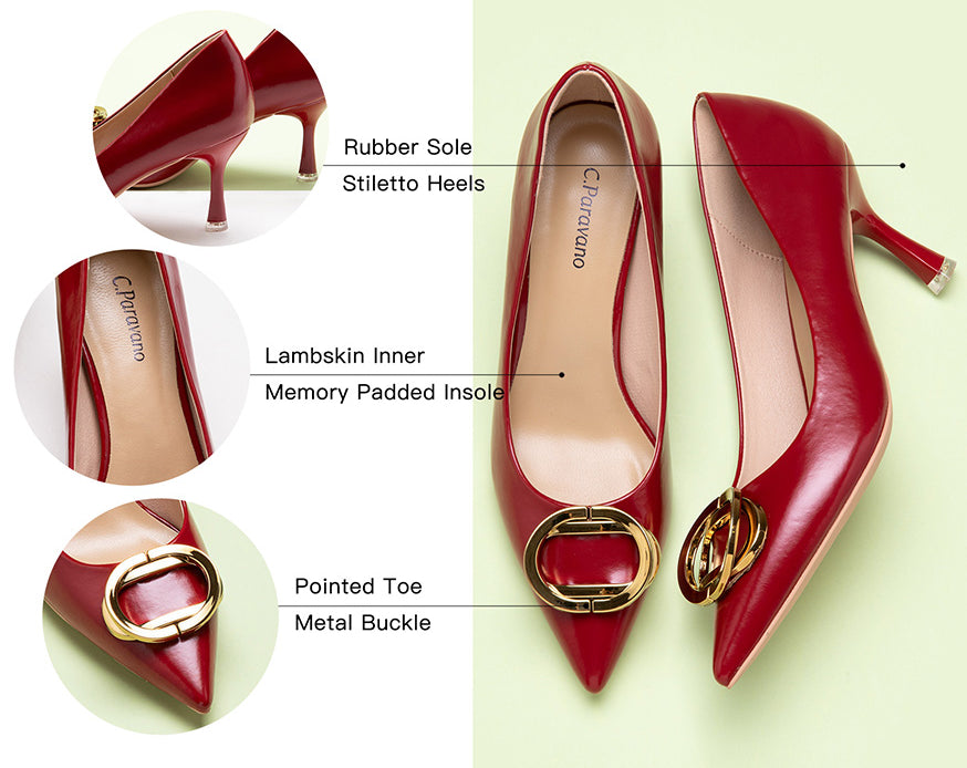 Stylish red pumps with a unique oval buckle design.