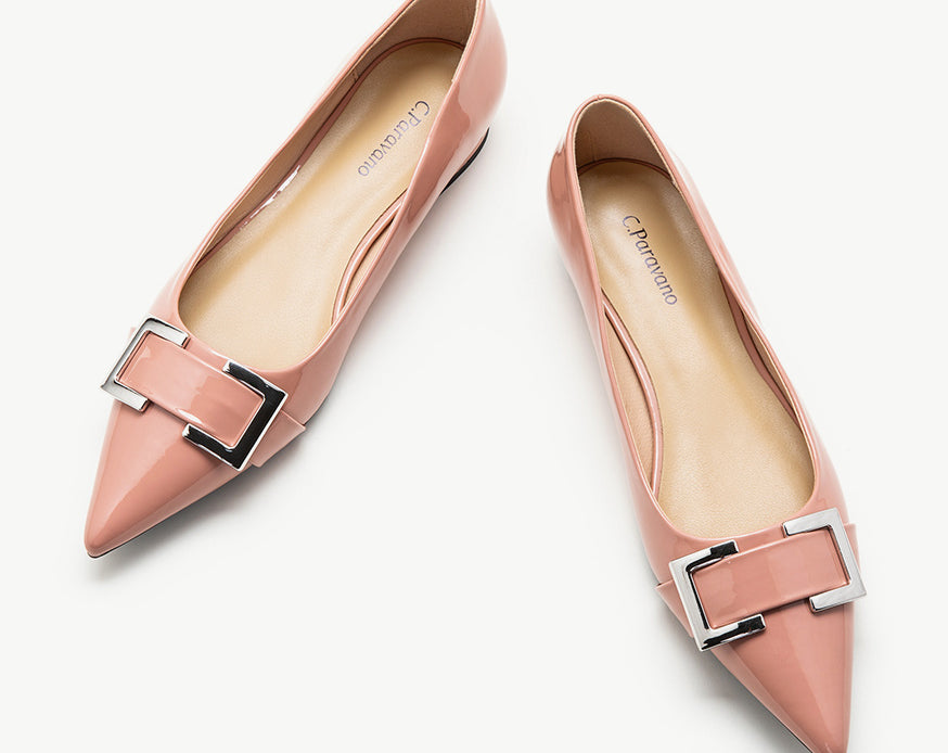Pink-Metal-buckle-pointed-toe-flats-a-stylish-and-sophisticated-choice
