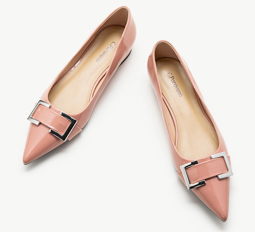Pink-Metal-buckle-pointed-toe-flats-a-stylish-and-sophisticated-choice