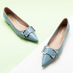 Pointed-toe-flats-with-Blue-Metal-buckle