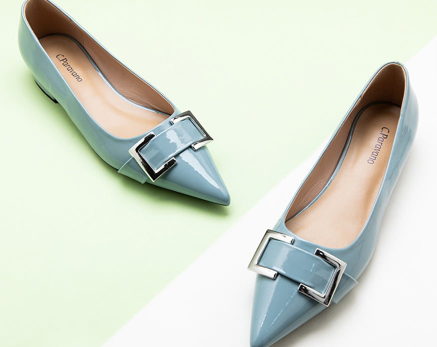 Pointed-toe-flats-with-Blue-Metal-buckle