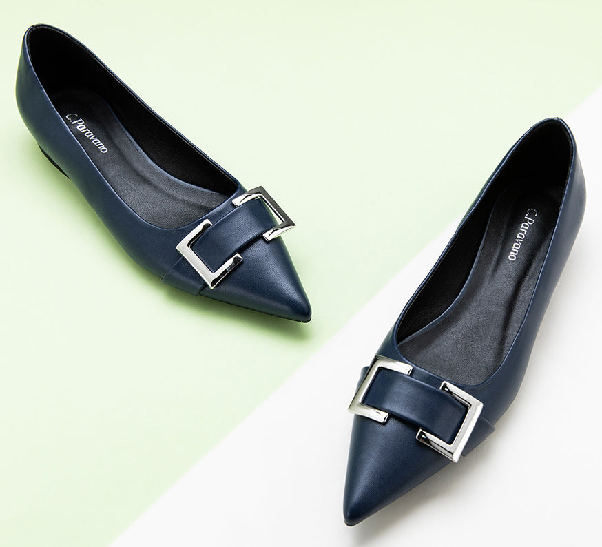 Pointed-toe-flats-with-Blue-Navy-Metal-buckle-elegant-and-trendy-footwear