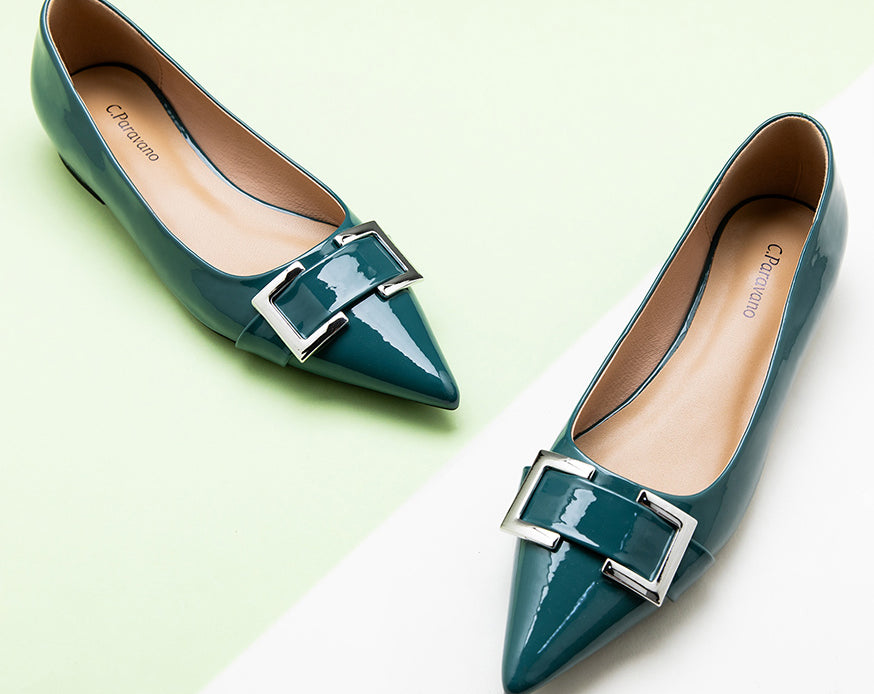 Pointed-toe-flats-with-Blue-Peacock-Metal-buckle-elegant-and-trendy-footwear