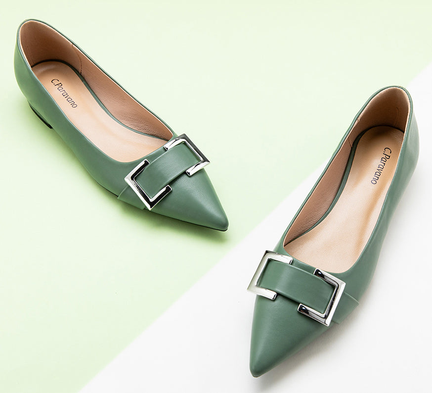 Pointed-toe-flats-with-Green-Metal-buckle