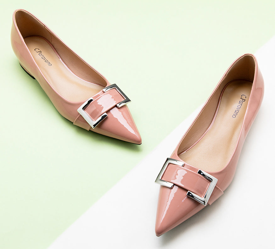 Pointed-toe-flats-with-Pink-Metal-buckle-elegant-and-trendy-footwea