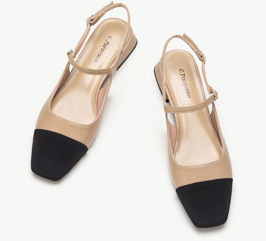 Beige Color Block Slingback Flats: A stylish pair of beige slingback flats featuring a sophisticated color block desig