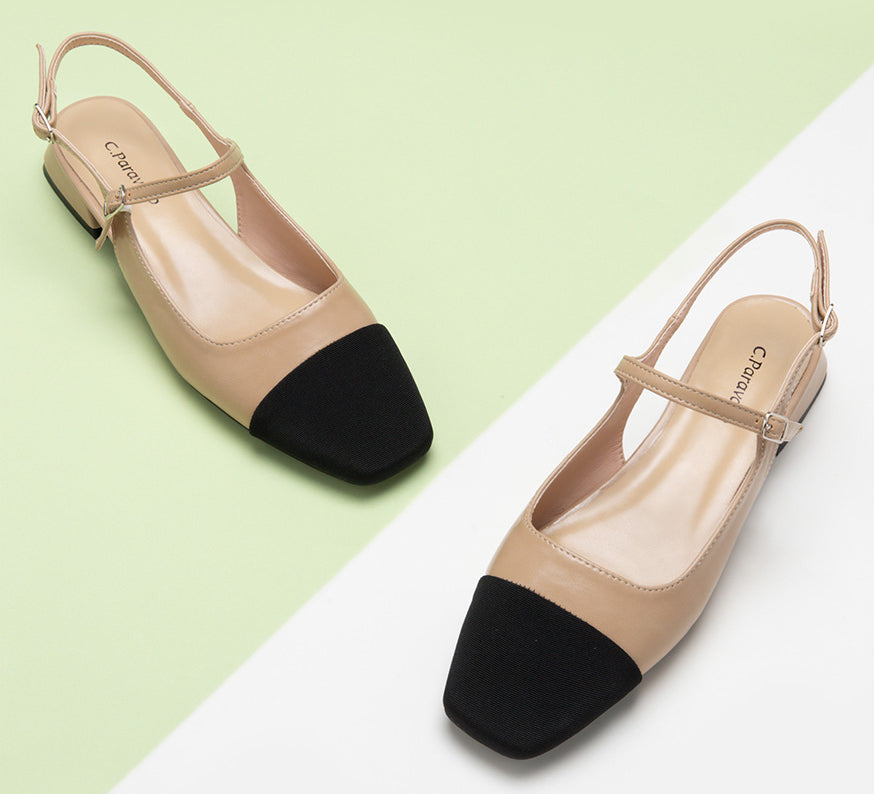 Chic Beige Slingback Shoes: Elevate your style with these fashionable beige slingback flats, showcasing a trendy color block pattern.