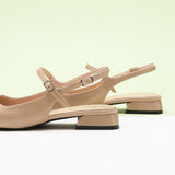 Sleek Beige Slingback Flats: Step out in elegance with these beige slingback shoes, adorned with a modern color block motif