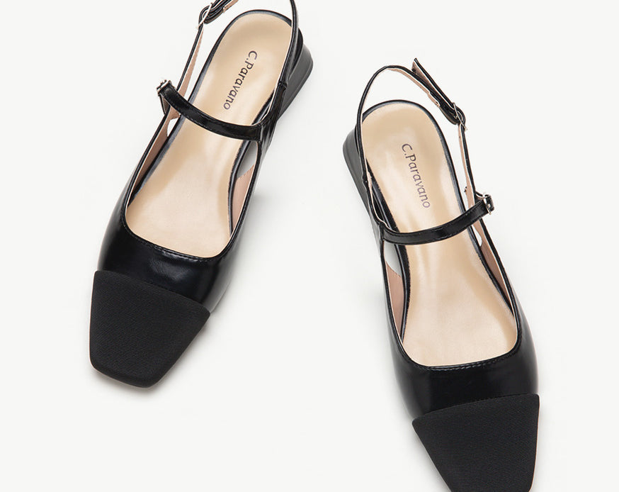 Black Slingbacks with Colorful Accents: These black flats boast a unique color block design for a modern and eye-catching appeal
